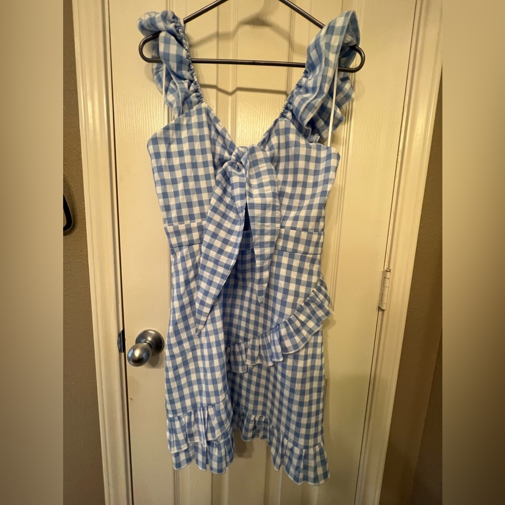 Mable size medium blue gingham, cutout mini dress with ruffles. - Picture 7 of 12